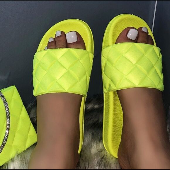 Neon yellow Rhombi Sandals Slides - Picture 2 of 5